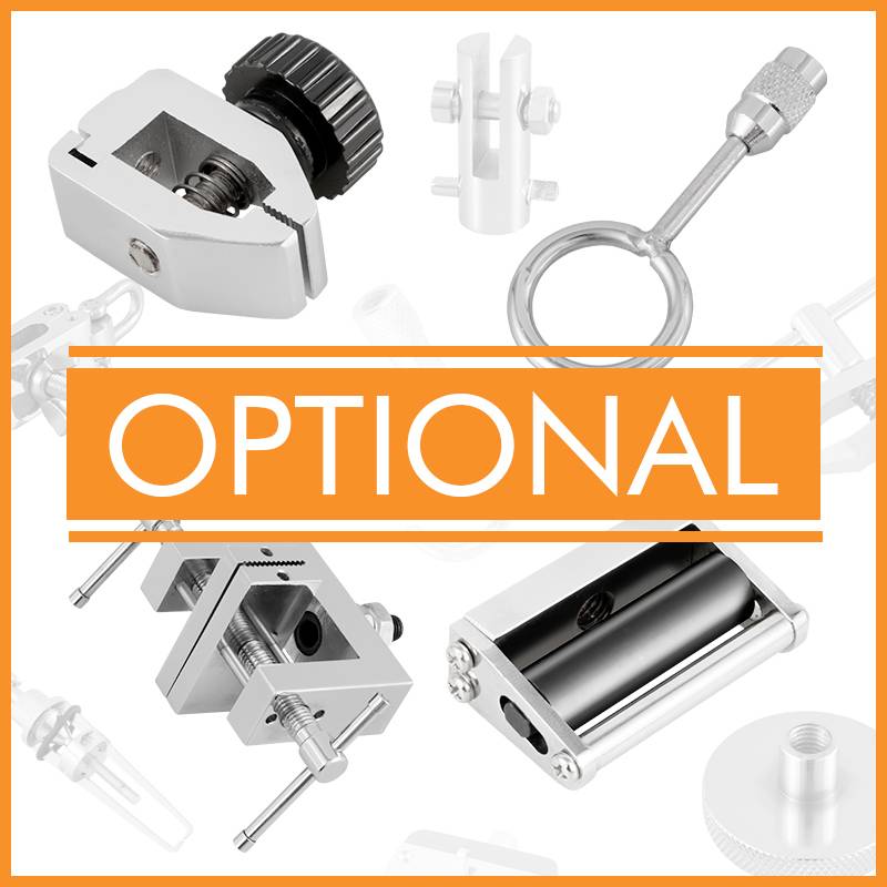 Das Bild zeigt verschiedene chirurgische Instrumente aus Metall, mit einem orangefarbenen Rechteck in der Mitte, das 'OPTIONAL' anzeigt.