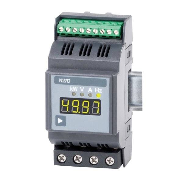 Digitales Panelmessgerät mit Anzeige 49.97, beschriftet mit kW, V, A, Hz, mit Schraubklemmen oben und unten.