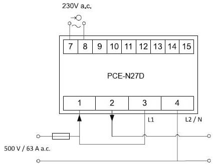 Schaltplan für PCE-N27D-Relais mit 230V AC-Stromversorgung, Anschllussklemmen 1–15 und L1/L2-N-Verbindungen mit einer 500V/63A AC-Leitung.