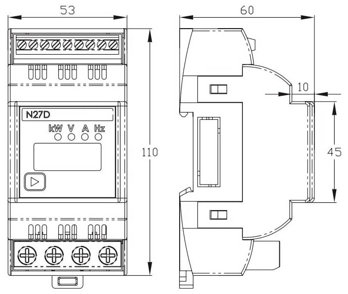 Technische Zeichnung eines DIN-Schienen-Elektromoduls mit der Bezeichnung „N27D