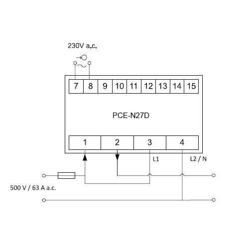 Schaltschema eines elektrischen Zählers PCE-N27D mit Anschlüssen L1, L2/N, 230V a.c., 500V/63A a.c.