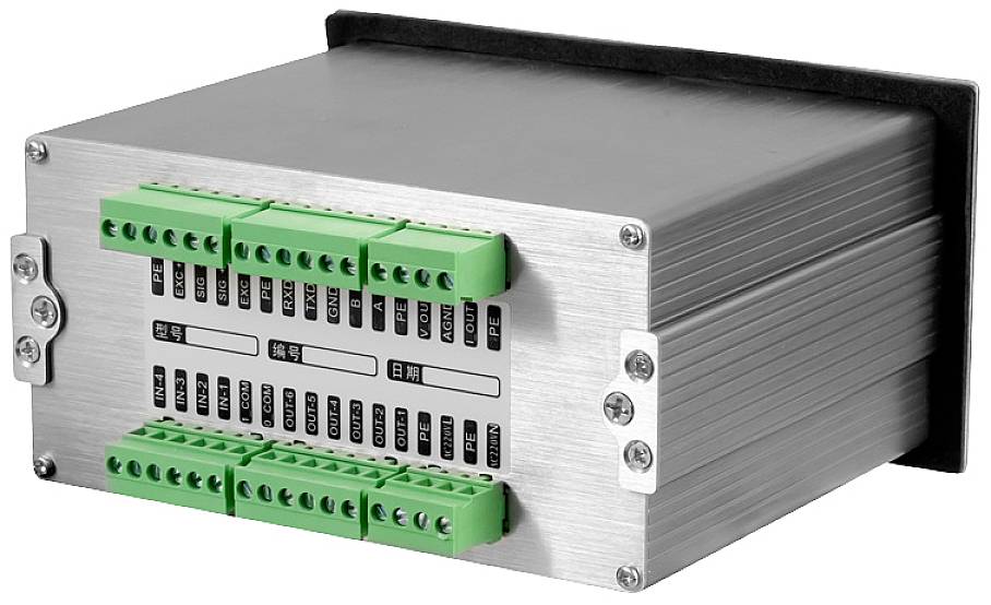Grau-silberne elektronische Box mit grünen Anschlussklemmen und chinesischer Beschriftung zur Steuerung oder Überwachung in technischen Anwendungen.