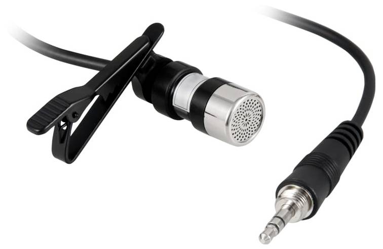 Ansteckmikrofon mit Kabel und 3,5-mm-Klinkenstecker auf weißem Hintergrund.