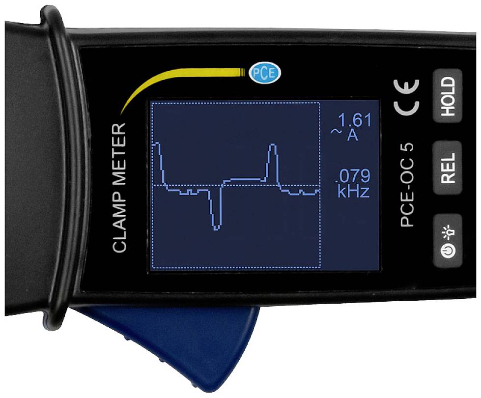 Das Bild zeigt ein digitales Messgerät mit einem Diagramm auf dem Display. Der Strom wird in Ampere und die Frequenz in Kilohertz angezeigt.