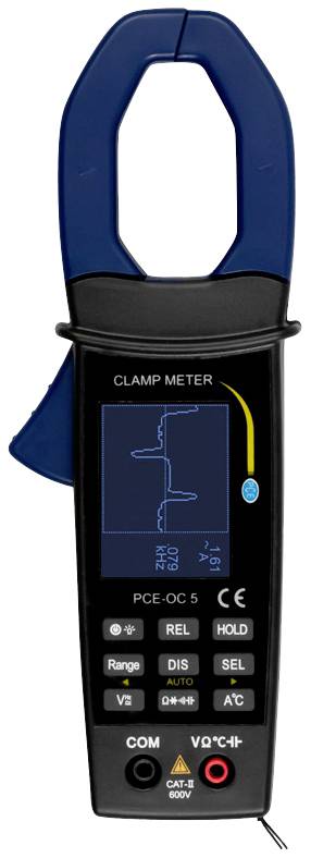 Ein digitales Zangenmessgerät zeigt eine Wellenform auf dem Display. Es hat verschiedene Tasten zur Messung elektrischer Parameter.