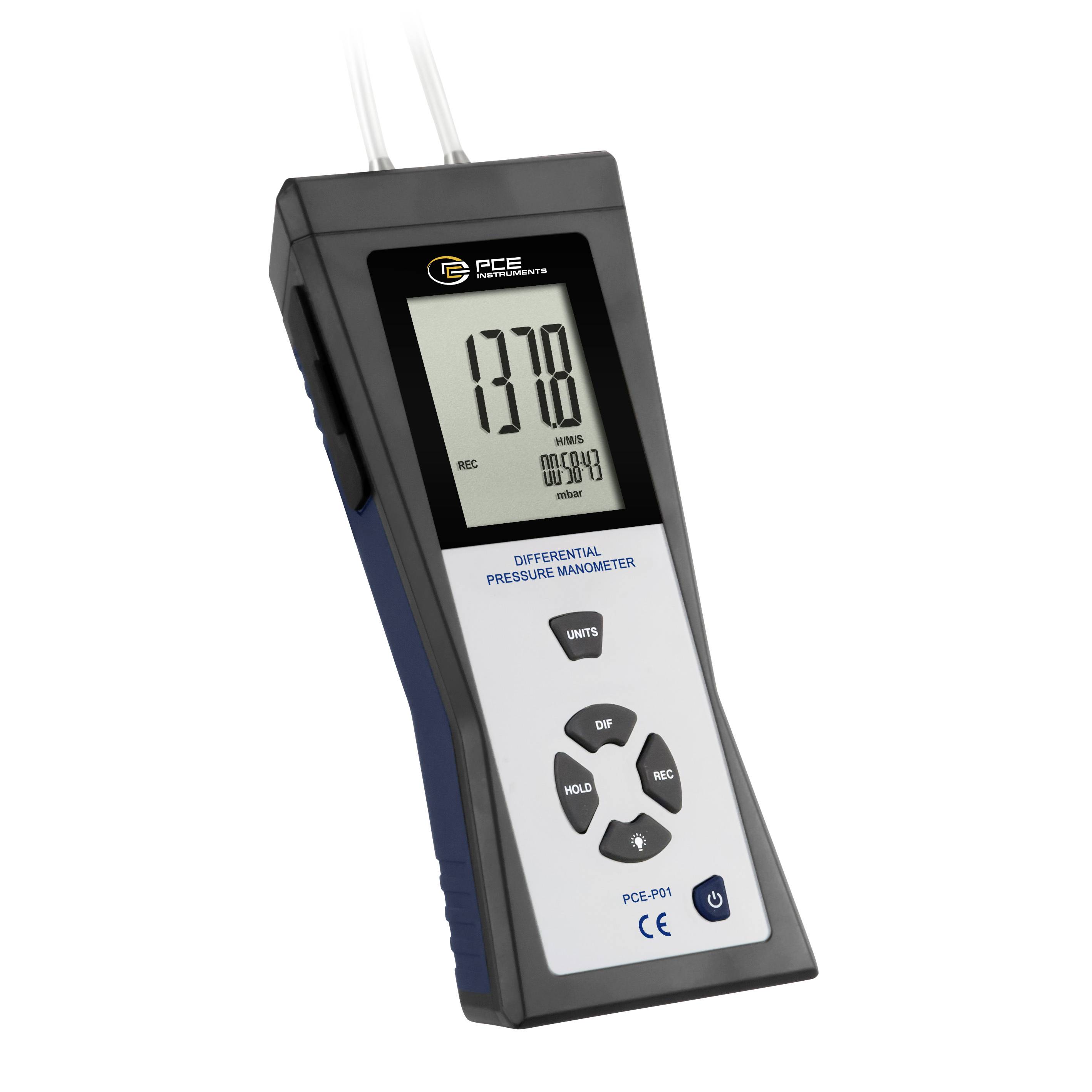 Tragbares digitales Differenzdruckmanometer mit einer Anzeige von 1378 und Einheitenbezeichnungen auf dem Display.