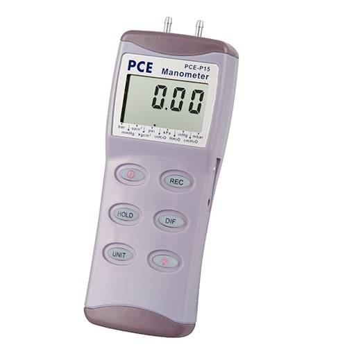 Tragbares Manometer PCE-P15 mit einer Druckanzeige von 0,00 auf seinem LCD-Display.