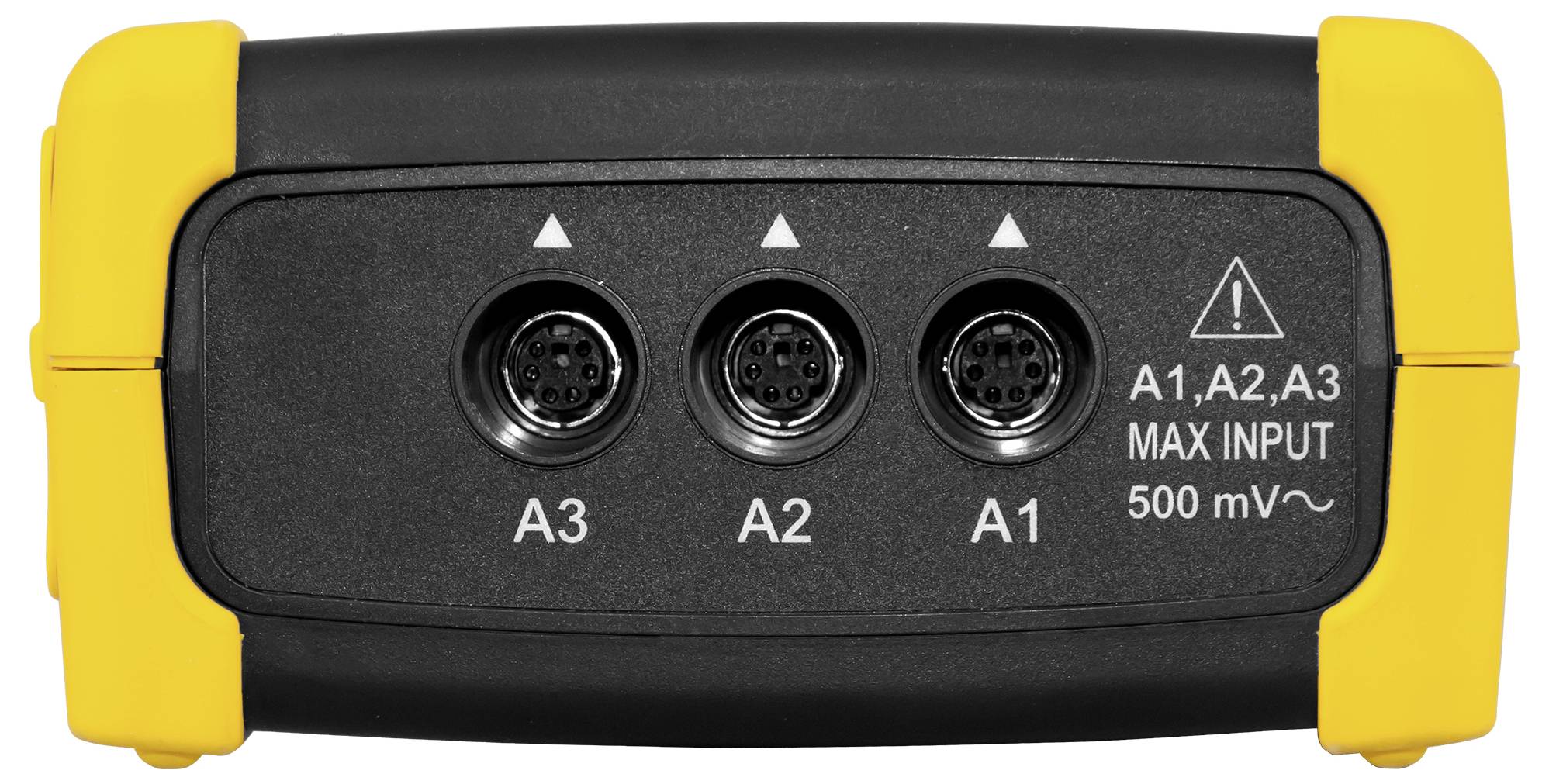 Schwarzes Instrumentenmodul mit gelben Endkappen und drei kreisförmigen Eingängen mit den Beschriftungen A3, A2 und A1, sowie Warntext „A1,A2,A3 MAX INPUT 500 mV~
