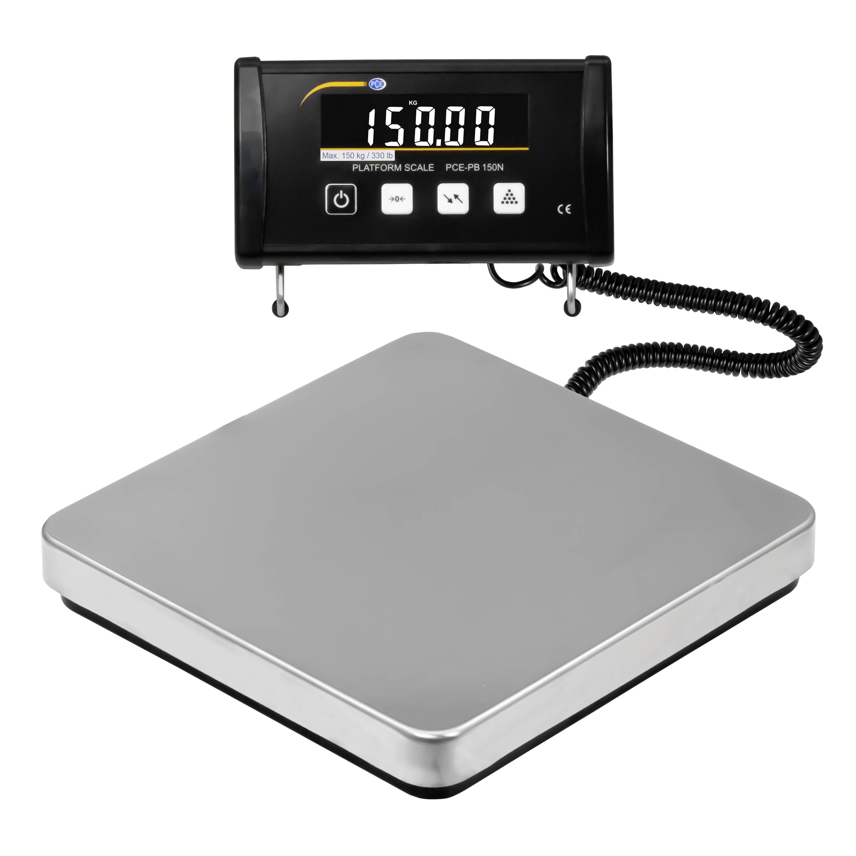 Digitale Plattformwaage mit separatem Display zeigt 150.00 an, eine quadratische Wiegeplattform und ein aufgerolltes Kabel.