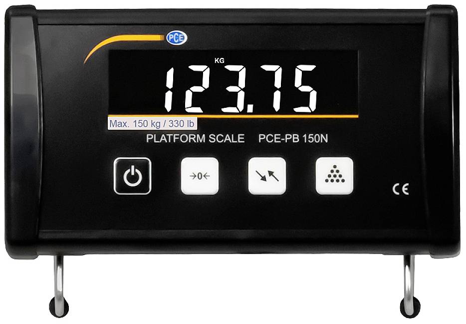 Digitale Plattformwaage zeigt das Gewicht '123,75 kg'. Maximale Kapazität: 150 kg (330 lb). Modell: PCE-PB 150N. Bedienknöpfe unten.
