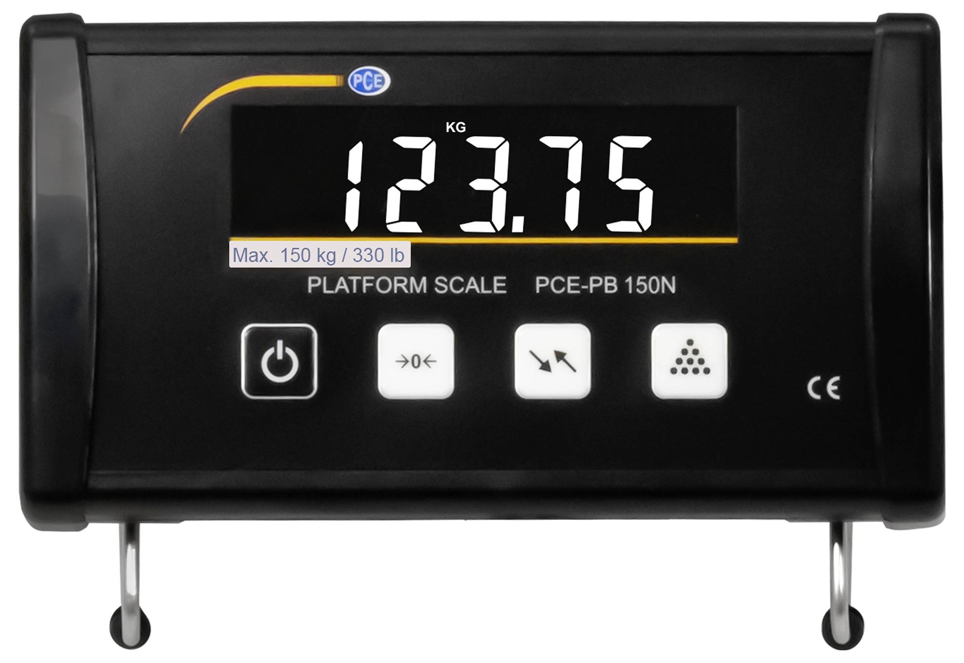 Digitale Plattformwaagen-Anzeige zeigt 123,75 kg an, beschriftet mit „PLATTFORMWAAGE PCE-PB 150N