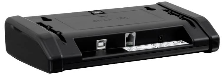 Schwarzes kabelloses Netzwerkgerät oder Modem mit vorderen Anschlüssen und Anzeigelichtern, perspektivisch auf weißem Hintergrund dargestellt