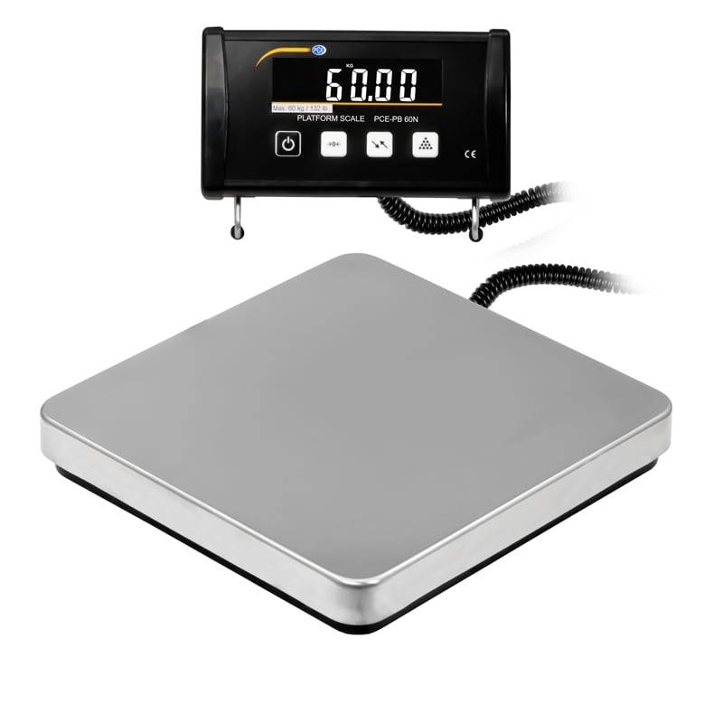 Digitale Platformwaage mit separatem Display, das 60,00 anzeigt, mit quadratischer Metallwiegplattform und aufgewickeltem Kabel.