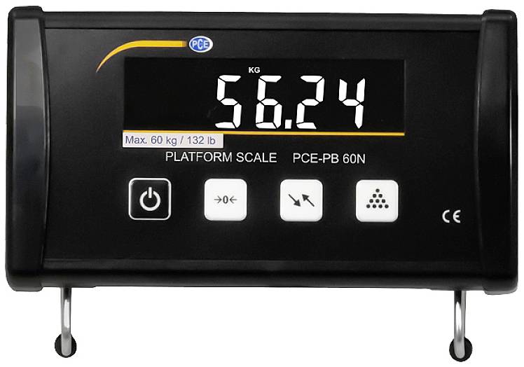 Digitalwaage zeigt ein Gewicht von 56,24 kg an. Maximale Kapazität: 60 kg. Schwarzes Gehäuse mit Bedienelementen unter der Anzeige.