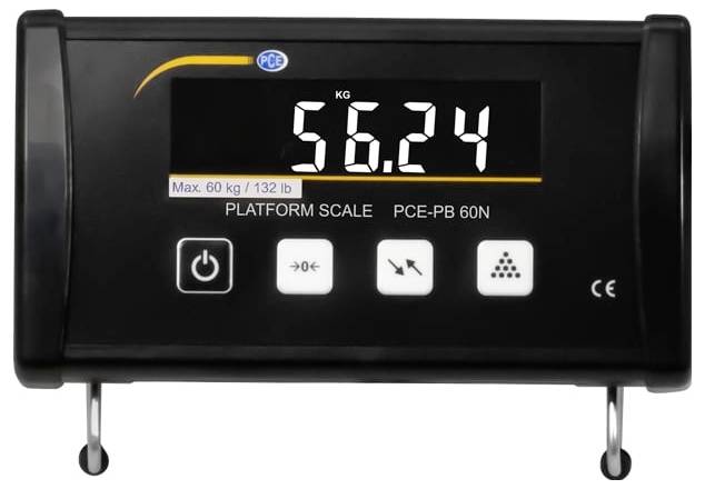 Digitale Plattformwaagen-Anzeige zeigt 56,24 kg, mit einer Beschriftung der maximalen Kapazität von 60 kg und Steuerungstasten auf der Frontblende.