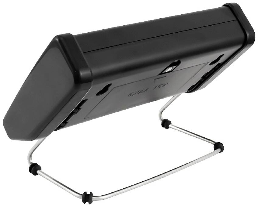 Elektronisches Gerät mit umklappbarem Ständer, schwarz, auf weißem Hintergrund.