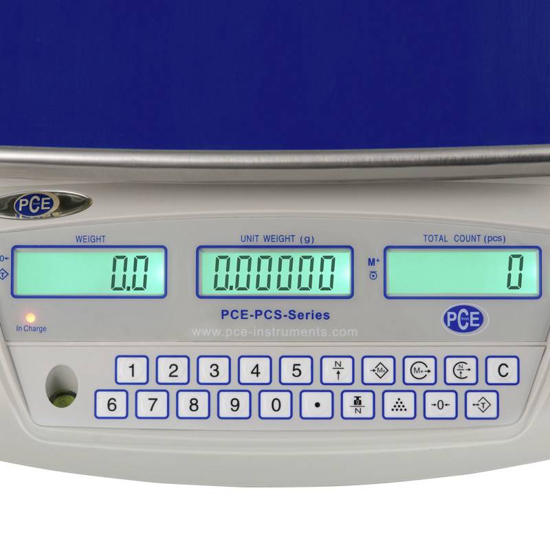 Digitale Zählwaage mit Tastatur und Anzeige für Gewicht, Anzahl und Einheit. Bildschirm zeigt '0.0' für Gewicht und Stückanzahl.