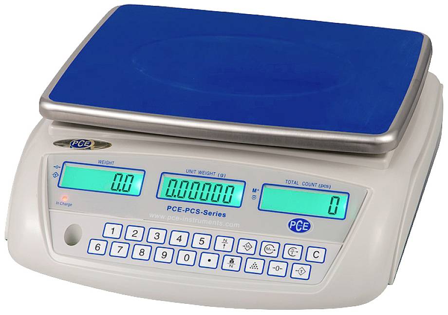 Digitale Tischwaage mit blauem Display und Tastenfeld. Zeigt Gewicht, Stückgewicht und Gesamtanzahl an. Suitable for precise measurements in various settings.