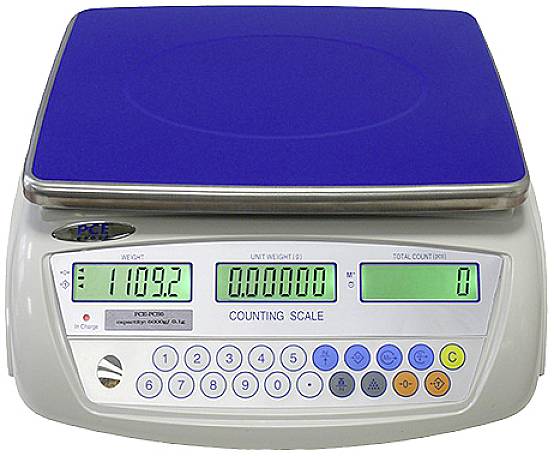 Eine digitale Zählwaage mit blauem Wiegeteller zeigt das Gewicht '1109.2' und eine Stückzahl von '0'. Tastenfeld zur Bedienung.