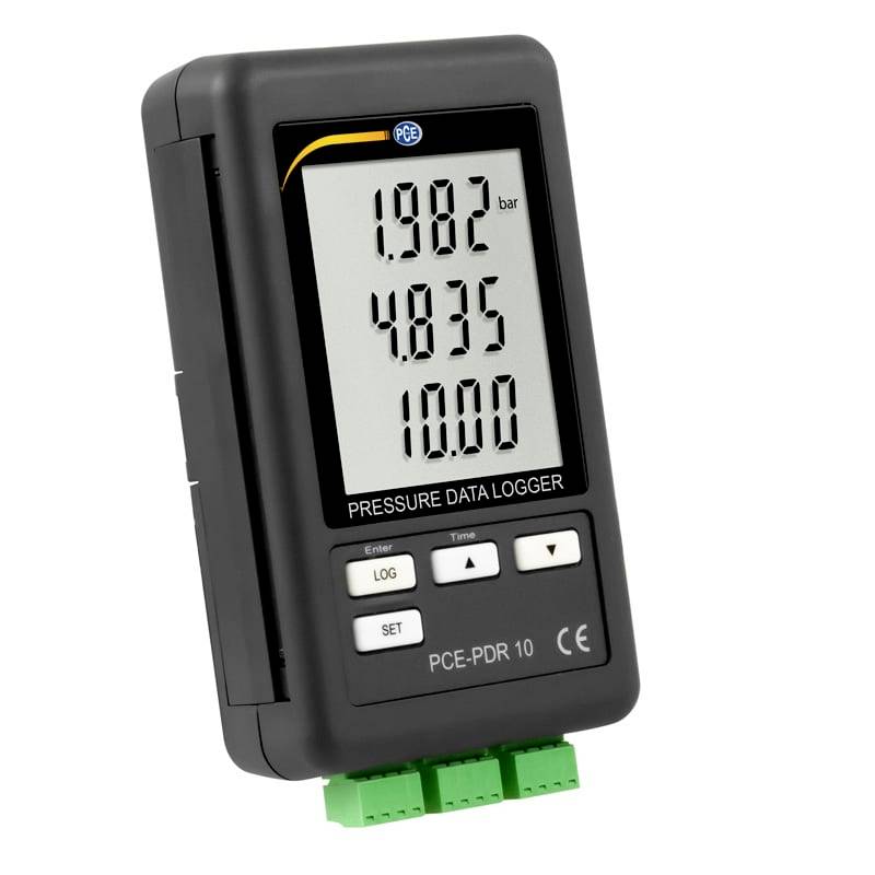 Tragbares schwarzes Druckdatenlogger-Gerät mit LCD-Display, das 1.982 bar, 4.835 und 10.00 anzeigt, mit der Beschriftung 'PRESSURE DATA LOGGER' und 'PCE-PDR 10'.