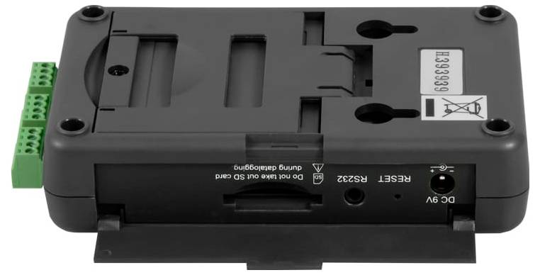 Schwarzes Elektroniksteuermodul mit grünen Schraubklemmen, DC-9V-Stromstecker, Resetknopf und auf weißem Hintergrund gezeigten Befestigungslöchern.