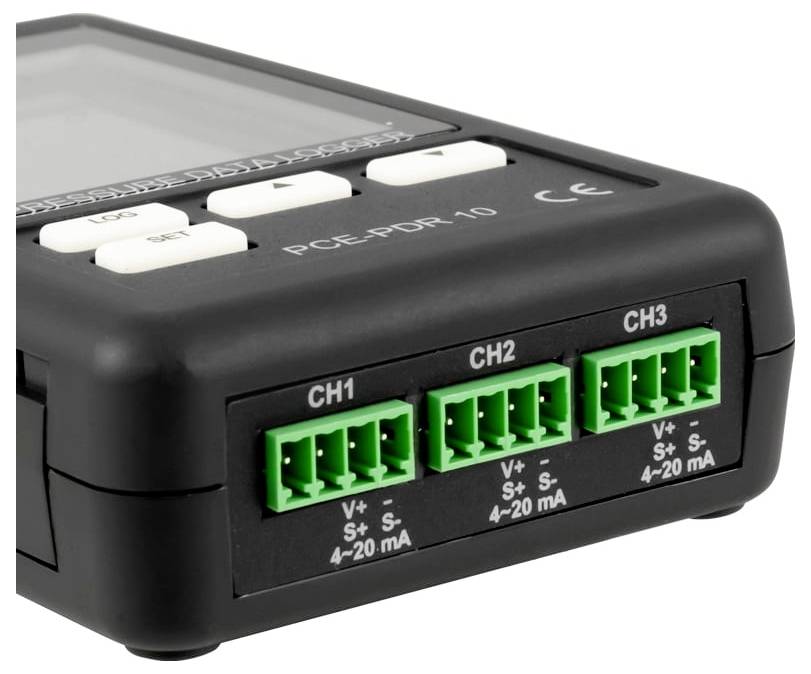 Schwarzes elektronisches Steuermodul mit drei grünen Eingangssteckern mit den Bezeichnungen CH1, CH2 und CH3, jeweils gekennzeichnet mit 4-20 mA.