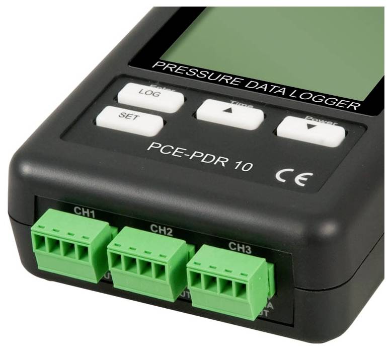 Datenlogger für Druckmessungen mit schwarzem Gehäuse, Modell 'PCE-PDR 10', mit drei grünen Kanalsteckern und Steuertasten auf der Oberseite.