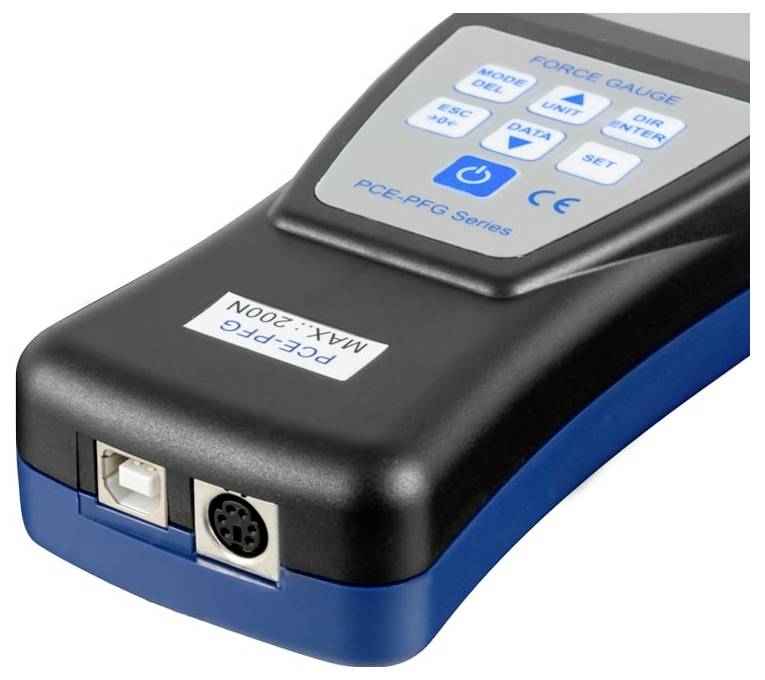 Tragbares digitales Kraftmessgerät mit Tastatur, Display und zwei vorderen Anschlüssen, gekennzeichnet als PCE-PFG Serie und MAX 200N.