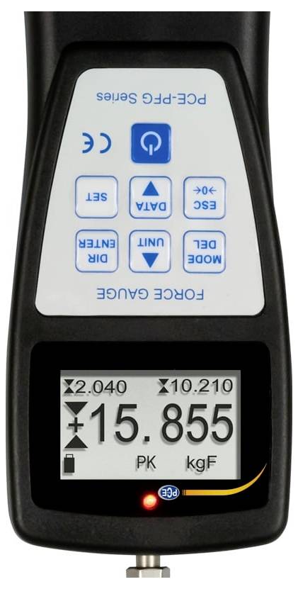 Tragbares Kraftmessgerät mit digitaler Anzeige von 15,855 kgF und Tasten für Modus, Einheiten, Richtung, Einstellung, Nullpunkt und Spitzenkraft-Einstellungen.