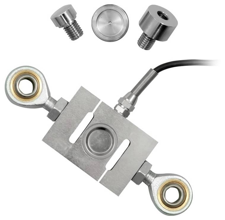 Wägezelle aus Metall mit zwei Stabgelenk-Befestigungen und Kabelstecker, oben mit drei austauschbaren Gewinde-Sensorkappen dargestellt.