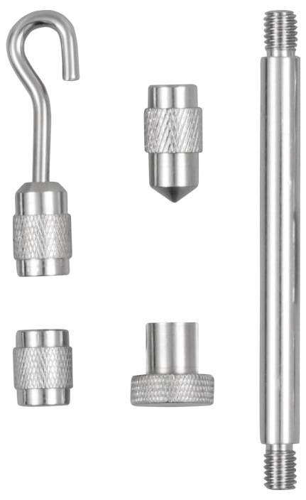 Fünf silberfarbene Metallkabelhardwareteile und eine Hakenbefestigung, als separate Komponenten auf weißem Hintergrund dargestellt.