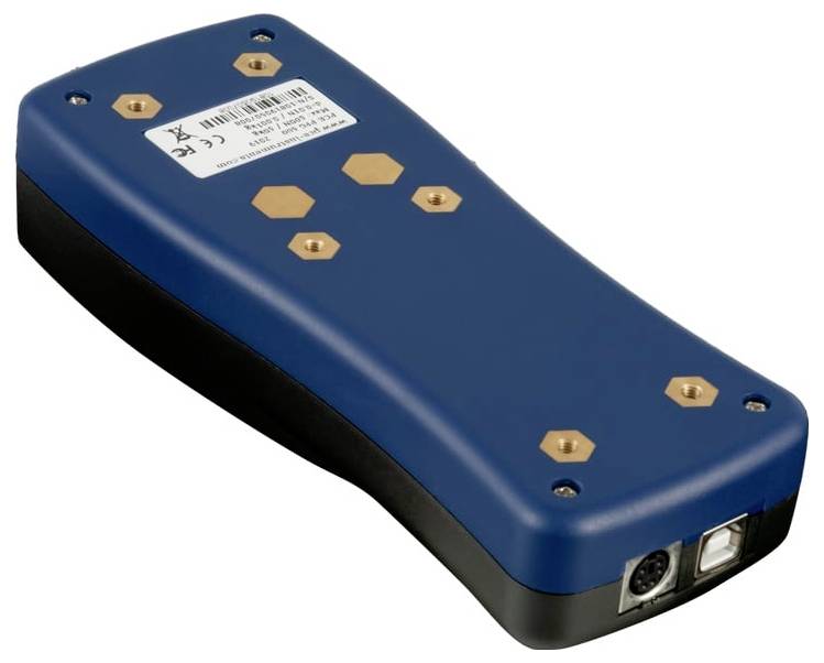 Blaues rechteckiges elektronisches Gerät mit abgerundeten Kanten, schwarze Unterseite und ein vorderer Anschlussport, isoliert auf weißem Hintergrund dargestellt.
