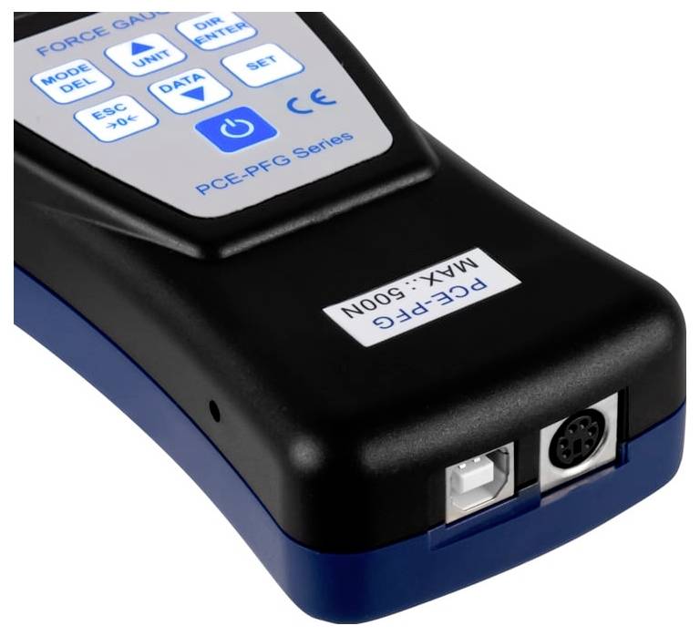 Tragbares Kraftmessgerät der PCE-PFG Serie mit Display und Steuertasten, gekennzeichnet mit max. 500N, mit USB- und Rundbuchsenanschlüssen.
