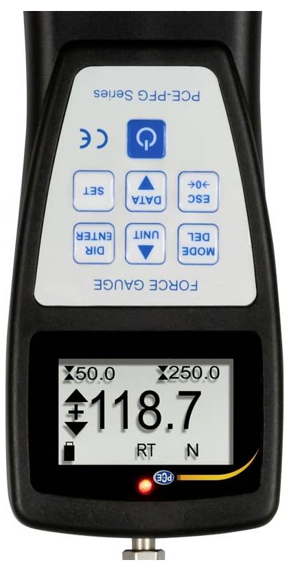Tragbarer Schwefelanalysator mit Anzeige, die Kraftmesser und digitales Display mit 118,7 RT N anzeigt, mit Modusschaltflächen und beleuchteter Statusanzeige.
