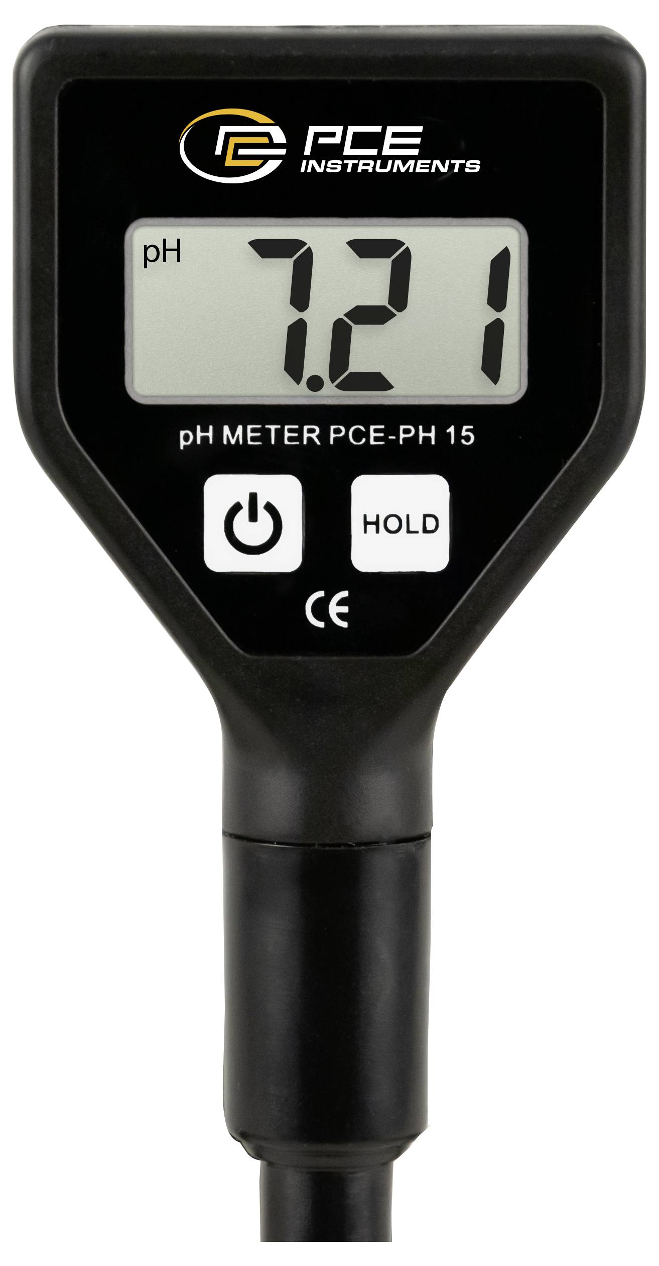 Tragbares PCE-Messinstrument pH-Meter-Display zeigt pH 7,21 an, mit Ein-/Ausschalter und Hold-Taste.