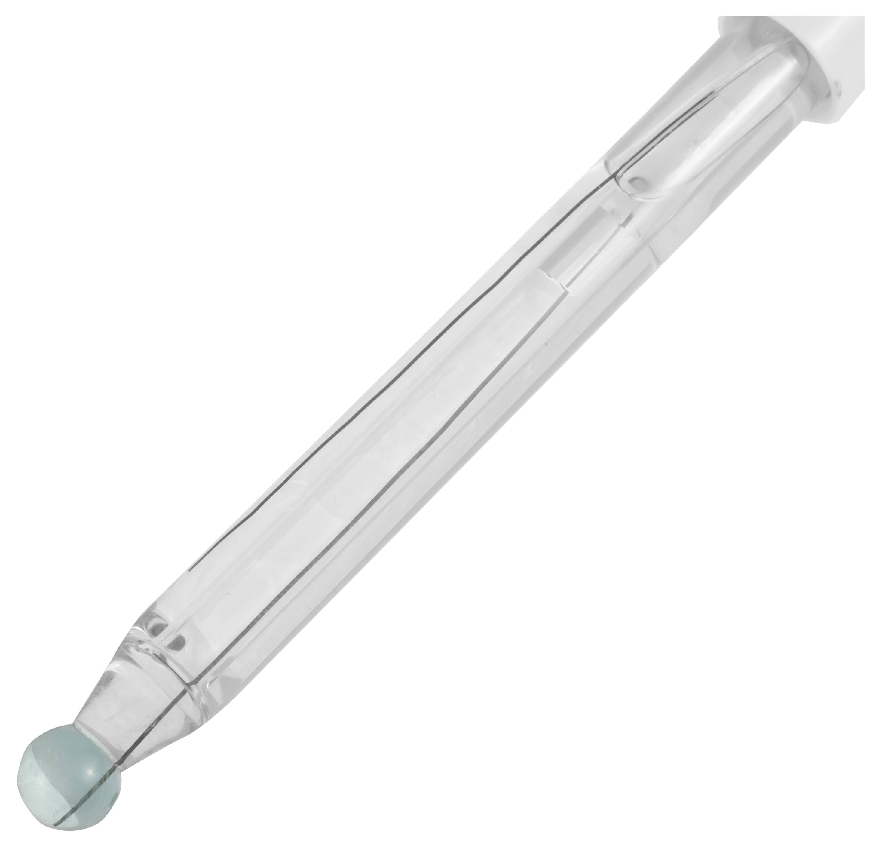 Klarer Kunststoff-Applikatorstift mit abgerundeter blauer Spitze auf weißem Hintergrund.