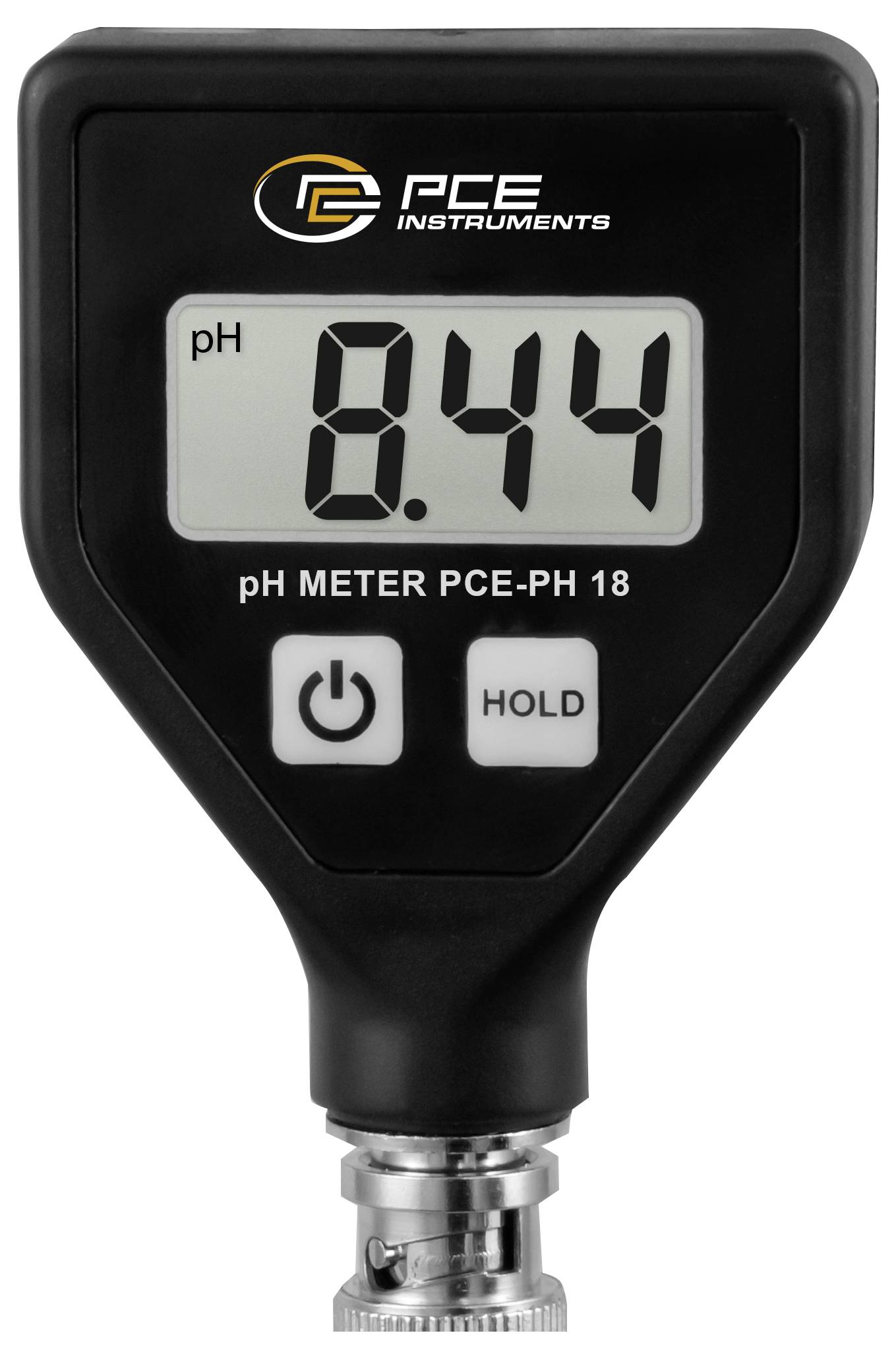 Tragbares PCE-Instrument pH-Messgerät mit Displayanzeige von 8,44, mit sichtbaren Ein-/Aus- und Hold-Tasten.