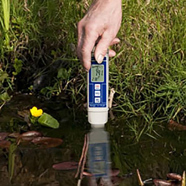 Eine Person misst mit einem digitalen Gerät die Wasserqualität in einem Teich. Im Hintergrund sind Gras und Pflanzen zu sehen.