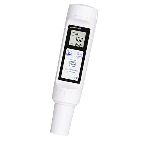 Weißes tragbares digitales pH-Messgerät/Tester mit LCD-Display, das den pH-Wert 7,02 und die Temperatur 26,3°C anzeigt.