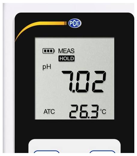 Das digitale pH-Meter-Display zeigt pH 7,02 mit „MEAS HOLD