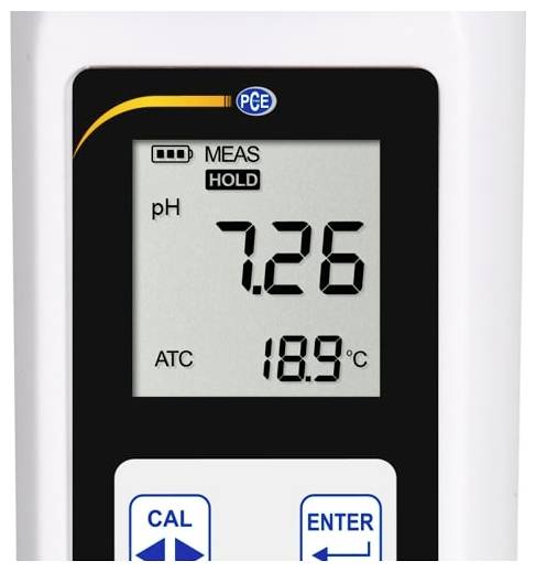 Digitales pH-Messgerät-Display zeigt pH 7,26 und Temperatur 18,9°C mit den Statusanzeigen „MEAS