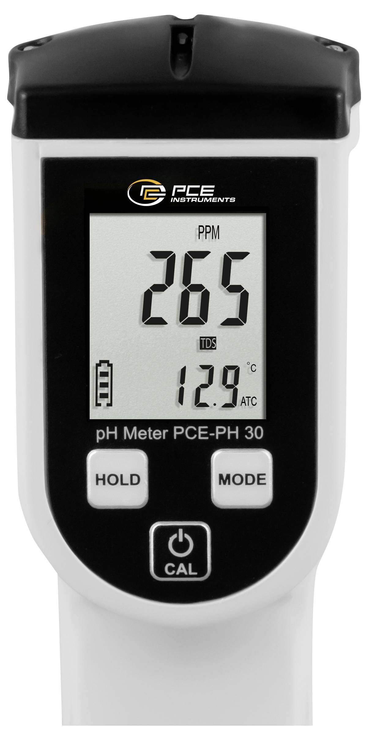 Digitales pH-Messgerät-Display mit PPM 265, TDS 12,9 und ATC auf einem PCE Instruments PCE-PH 30-Gerät mit Hold-, Mode- und Cal-Tasten.