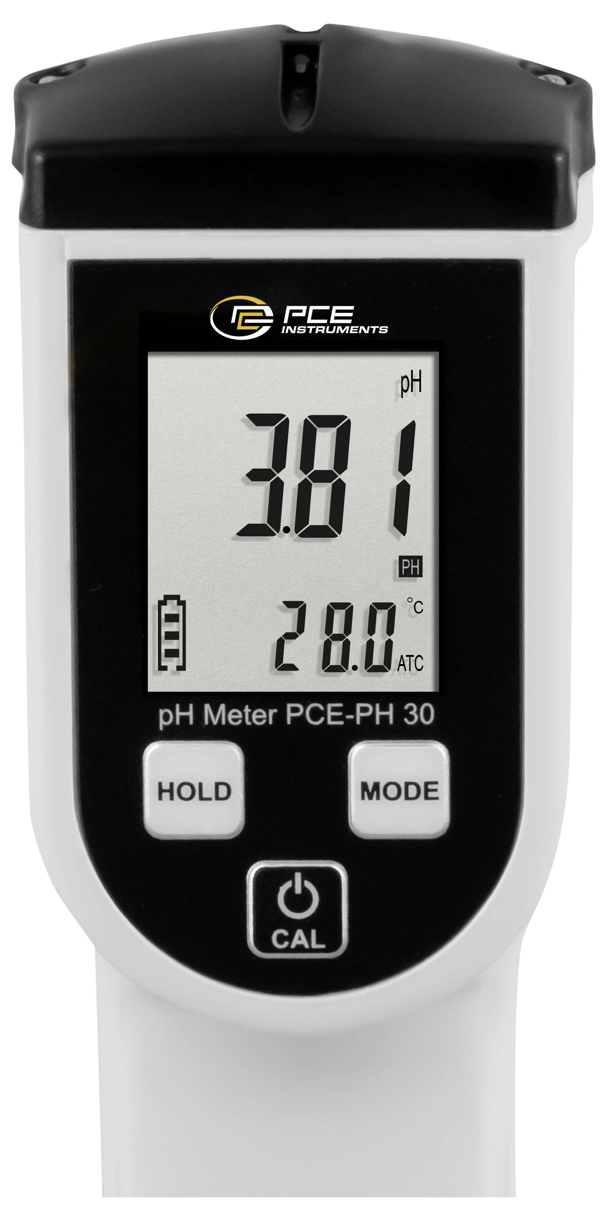 Tragbares PCE-Messgerät mit pH-Meter-Display zeigt pH 3,81 und Temperatur 28,0°C an, mit HOLD-, MODE- und CAL-Tasten.