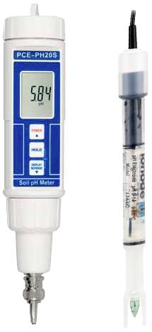 Ein Hand-pH-Meter zur Messung des Boden-pH-Werts, zeigt 5,84 pH an. Links sind Funktionstasten, rechts eine austauschbare Elektrode.
