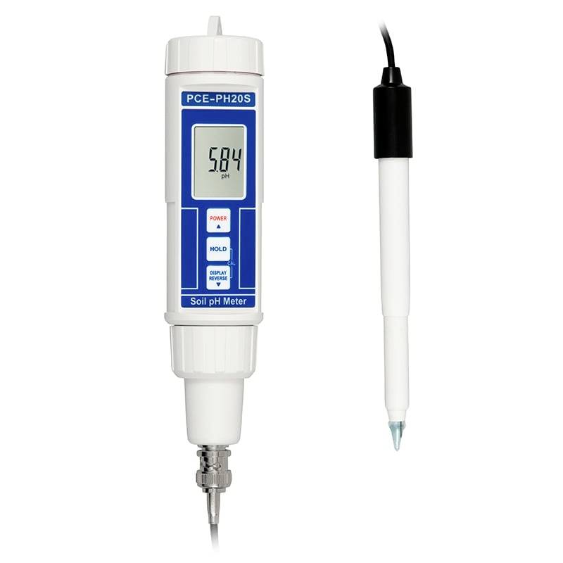 Digitales Boden-pH-Messgerät mit Display-Anzeige von 5,84 pH und separater Sonde auf weißem Hintergrund.