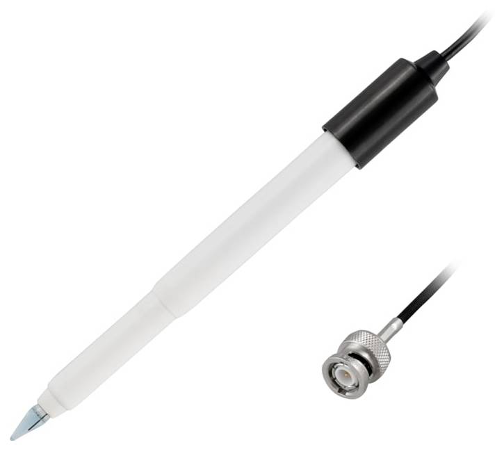 Eine weiße stiftförmige Sonde mit langem Kabel und Metallstecker, gezeigt auf einem einfachen weißen Hintergrund.