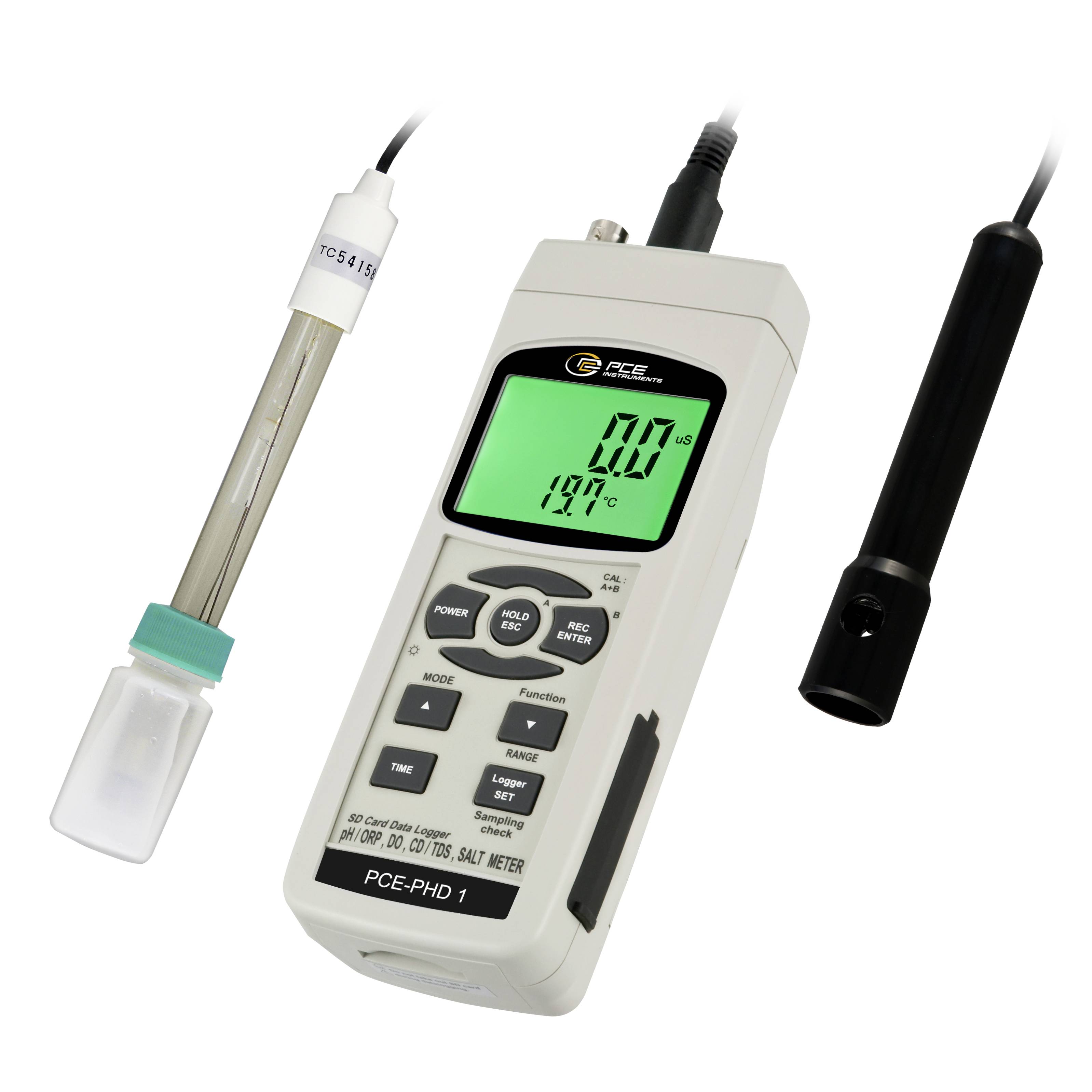 Tragbares tragbares pH-Messgerät mit LCD-Display und Sonde, gezeigt mit Sensoreinsätzen zum Messen von Flüssigkeitssäuregehalt, Leitfähigkeit und Temperatur.