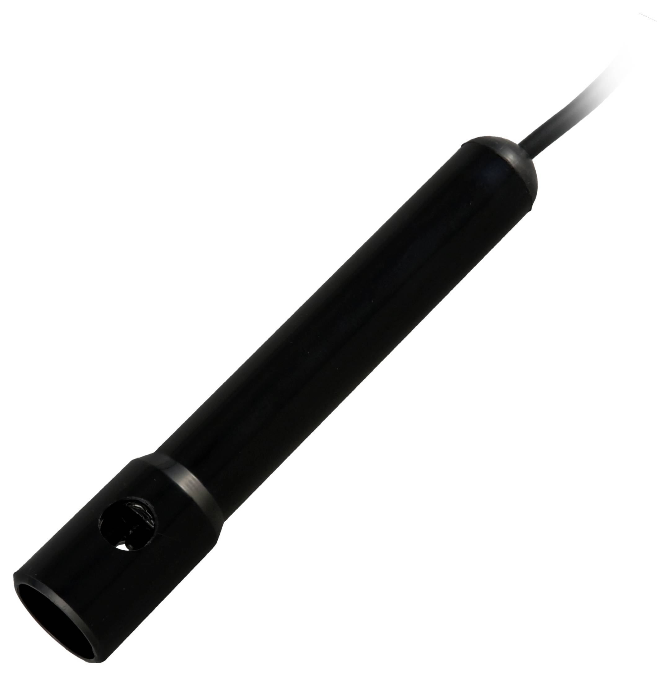 Schwarze zylindrische Sonde oder ein Sensor mit angeschlossenem Kabel, dargestellt auf weißem Hintergrund.