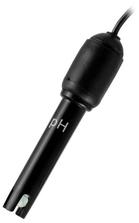 Schwarze pH-Sonde mit Kabel, zum Messen der Säure in Flüssigkeiten.
