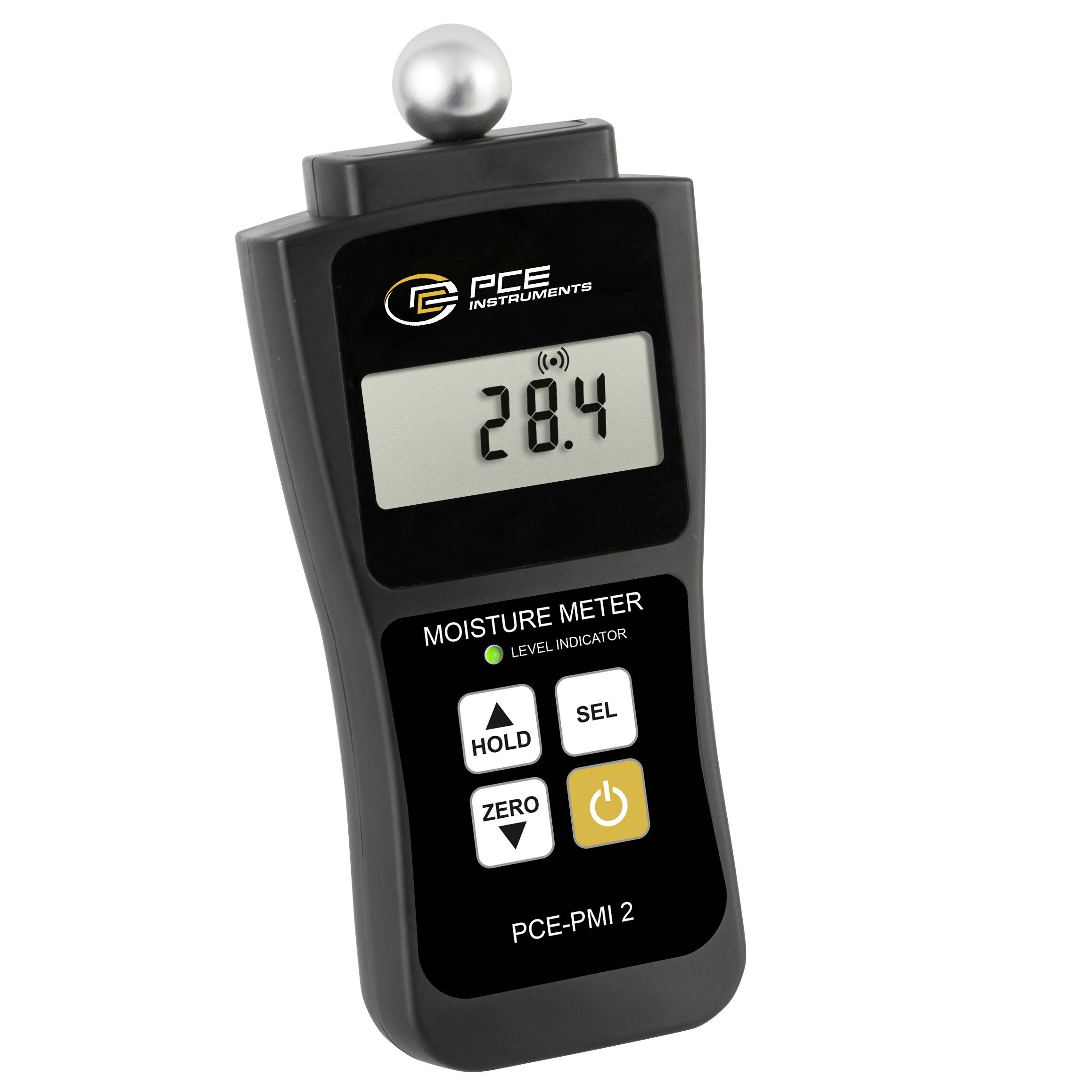 Tragbares PCE-Feuchtemessgerät mit Anzeige von 28,4, Tastkugelsensor und Tasten für Hold, Zero, Select und Power.